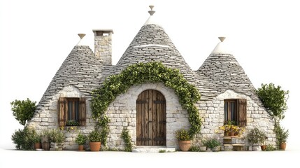 Fototapeta premium Traditional Stone Trulli House with Green Vines and Flowers