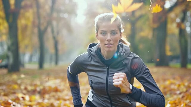 A determined runner navigates a picturesque park, surrounded by golden foliage and the crisp air of fall
