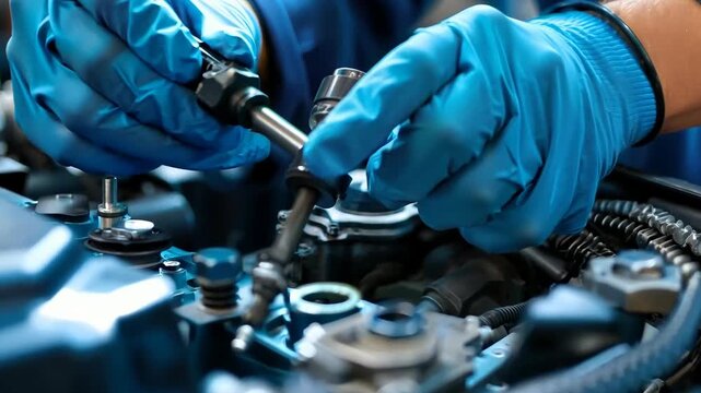 A skilled technician meticulously repairs the ignition system of a car, demonstrating precise techniques in a busy automotive workshop filled with tools