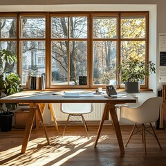 Obraz premium A wooden desk with two white chairs and a potted plant in front of it