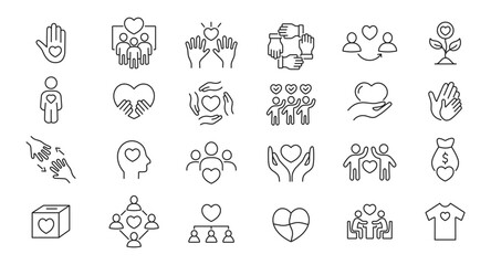 Fototapeta premium Charity icons set. Donation, volunteer help, altruism, philanthropy, helping hands. Vector