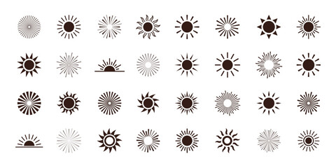 Mega set of sunshine and sunburst icons. Bursting sun rays. Fireworks symbol. Vector illustration