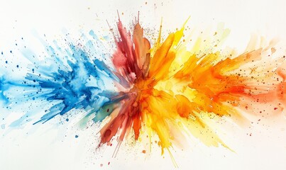 A painting of a colorful explosion with blue, red, and yellow splatters