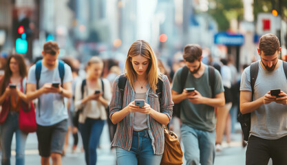 crowd of people walking on a city street, each holding a phone and looking at it. The image represents social media addiction, mobile device usage, and wireless data transfer concepts.