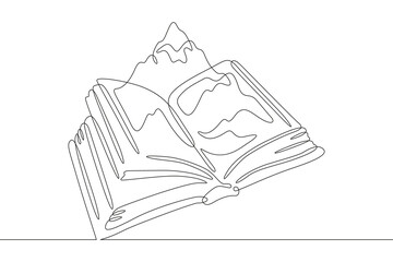 An open book. A high mountain grows out of a book. A landscape comes to life on the pages of a book.One continuous line. Line art. Minimum one line. White background. One line drawing.