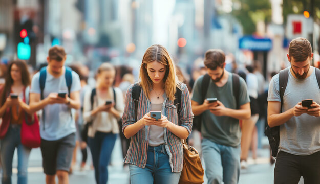 crowd of people walking on a city street, each holding a phone and looking at it. The image represents social media addiction, mobile device usage, and wireless data transfer concepts.