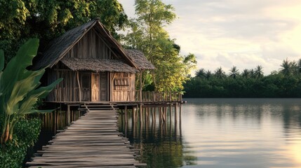 Wooden House on Stilts Over Water with a Wooden Path Leading to It
