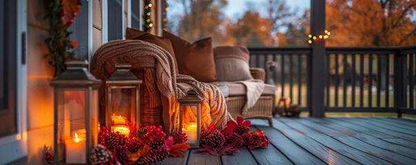 Cozy porch with an autumn lantern display