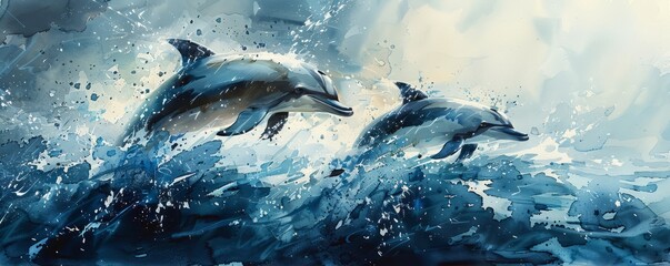 Fototapeta premium Abstract ocean scene with playful dolphins in watercolor.