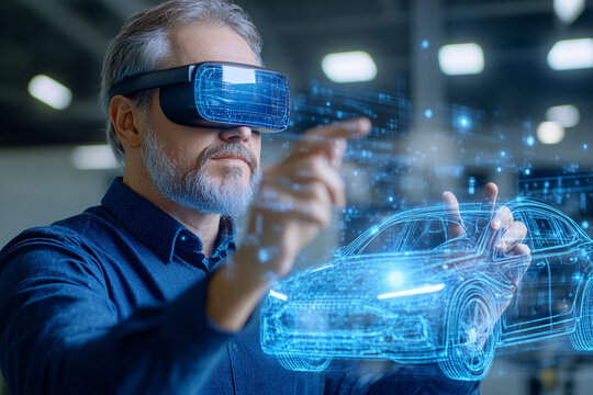 Middle-aged Man Designing a Car in Virtual Reality in Modern Office Setting - Powered by Adobe