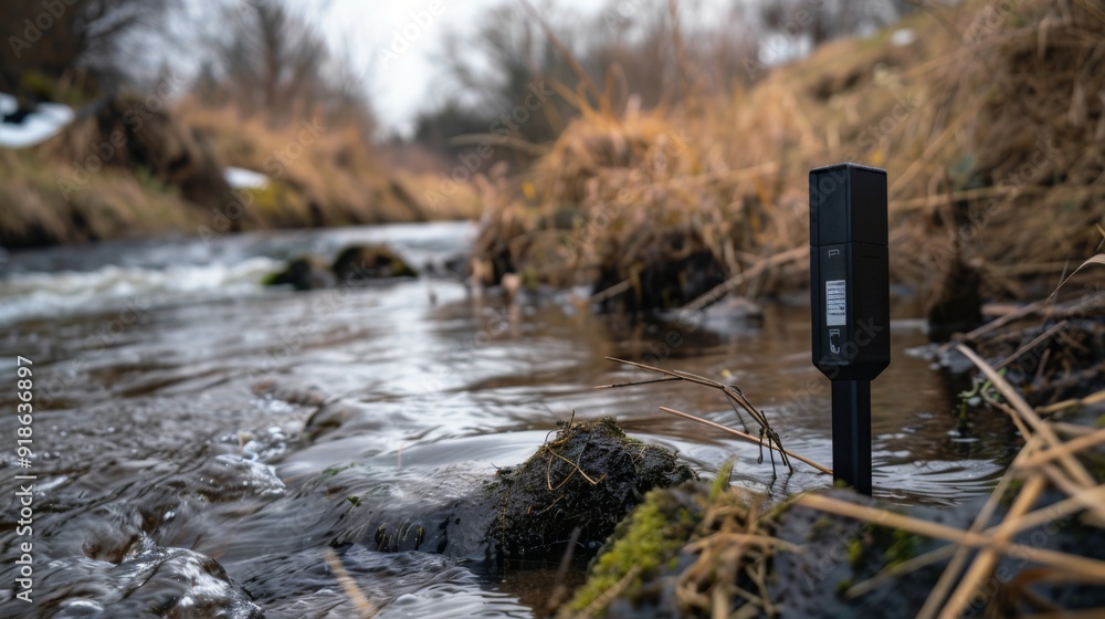 Poster a digital water quality testing device by a river, highlighting technology's role in monitoring and 