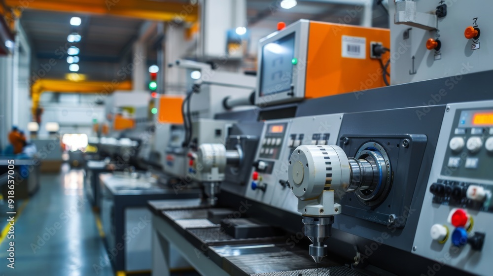 Poster a high-tech machine shop with cnc machines and digital interfaces, representing precision in modern 