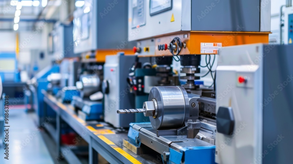 Poster a high-tech machine shop with cnc machines and digital interfaces, representing precision in modern 