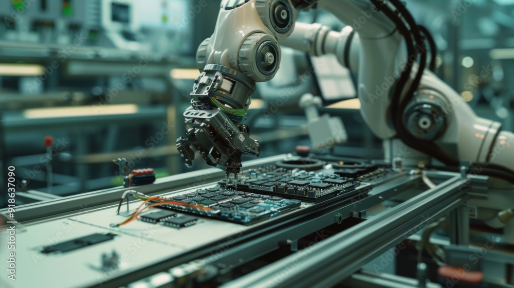Poster a robotic arm assembling intricate electronics on a production line, demonstrating precision in mode