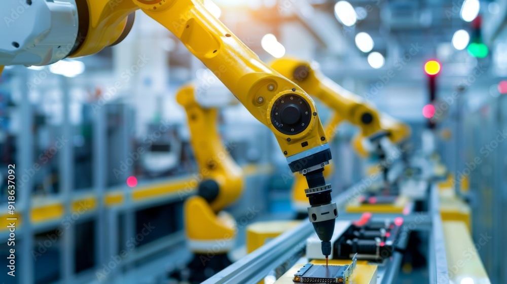 Poster a robotic arm assembling intricate electronics on a production line, demonstrating precision in mode