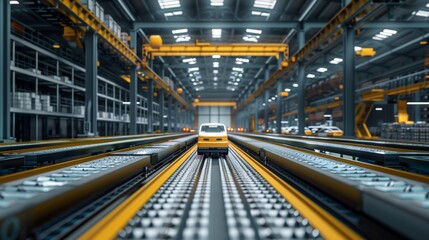Fototapeta premium A futuristic factory floor with autonomous vehicles transporting materials, illustrating advancements in production technology.