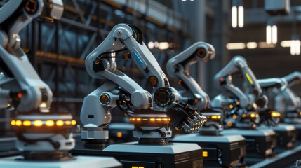 Fototapeta premium A futuristic production line with robotic arms and smart sensors, showcasing innovation in manufacturing technology.