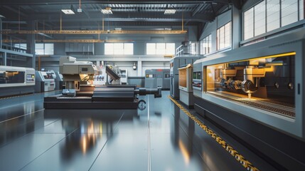 A high-tech machine shop with CNC machines and digital interfaces, representing precision in modern manufacturing.