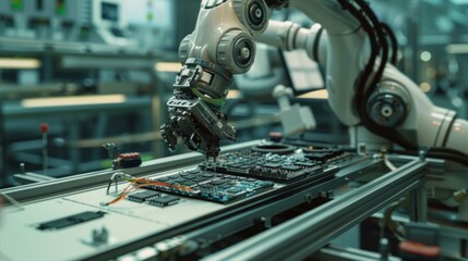 A robotic arm assembling intricate electronics on a production line, demonstrating precision in modern manufacturing.