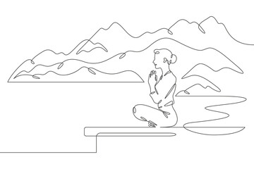 Meditating woman by the lake shore. Sea mountain landscape. Relaxation in nature. Yoga.One continuous line. Line art. Minimum one line. White background. One line drawing.