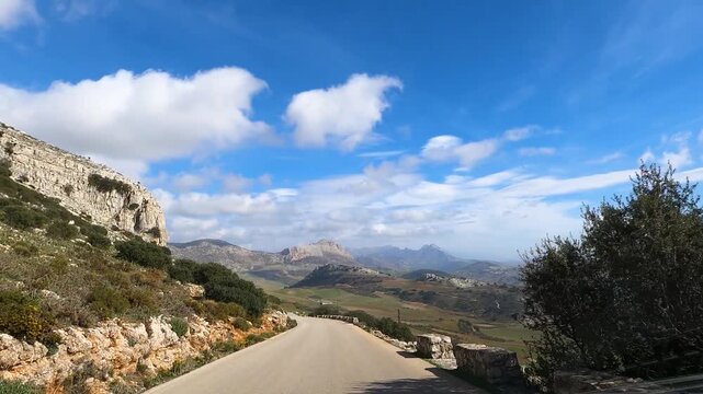 Road to Antequerra National Park, limestone rock formations and known for unusual karst landforms in Andalusia, Malaga, Spain.