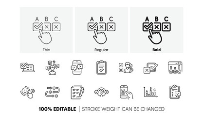 Opinion, Customer satisfaction and Feedback results. Survey or Report line icons. Testing linear icon set. Line icons set. Vector