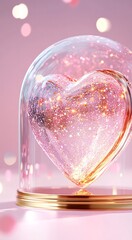 Sparkling Heart Enclosed in Glass Dome Against Soft Pink Glowing Background