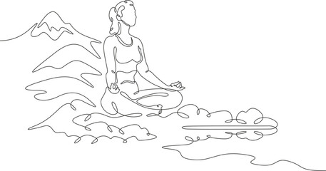 Meditating woman by the lake shore. Sea mountain landscape. Relaxation in nature. Yoga.One continuous line. Line art. Minimum one line. White background. One line drawing.