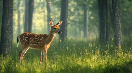 A tall tree can be seen in the distance as a deer stands in a grassy field. The deer, grazing on the grass and surrounded by a picturesque scene, surveys its surroundings.