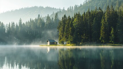 Quiet cabin by a misty lake in the early morning surrounded by dense pine forest