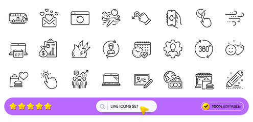 Brand contract, Professional and Human resources line icons for web app. Pack of Love mail, Business statistics, Food market pictogram icons. Calendar, Report, Smile signs. Checkbox. Vector
