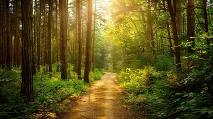 Obraz premium A serene forest path bathed in golden light during early morning hours