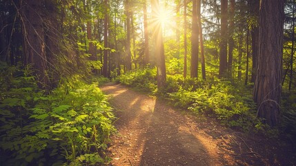 A sunny forest pathway during the golden hour in a lush green forest