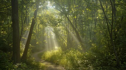 Fototapeta premium Sunlight filtering through trees along a winding path in a serene forest during early morning hours