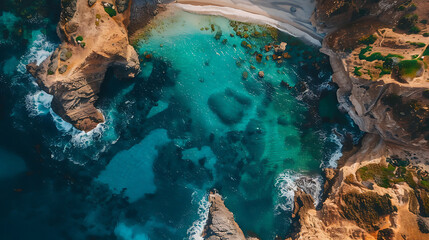 a stunning aerial view of a coastal area with a beautiful turquoise sea. The coastline features a cove with sandy beaches and rugged cliffs
