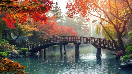 Autumn leaves surround a wooden bridge over a tranquil pond in a serene garden at dawn