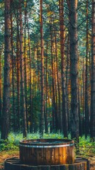 Wooden hot tub on a wooden deck, overlooking a lush pine forest in summer..