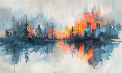 A painting of a forest with a city in the background