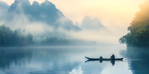 Solitary Fisherman in a Boat at Dawn on a Misty Mountain Lake