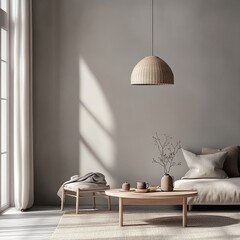 A living room with a white wall and a tan couch