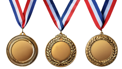 gold medals in different decorations with ribbon