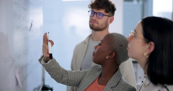 Business people, coding and discussion with whiteboard for planning, problem solving and collaboration. Network or software engineers, team and communication for algorithm design and development.