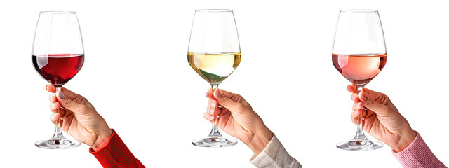 a hand holding a glass of red, white, rose wine