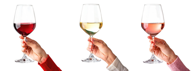 a hand holding a glass of red, white, rose wine