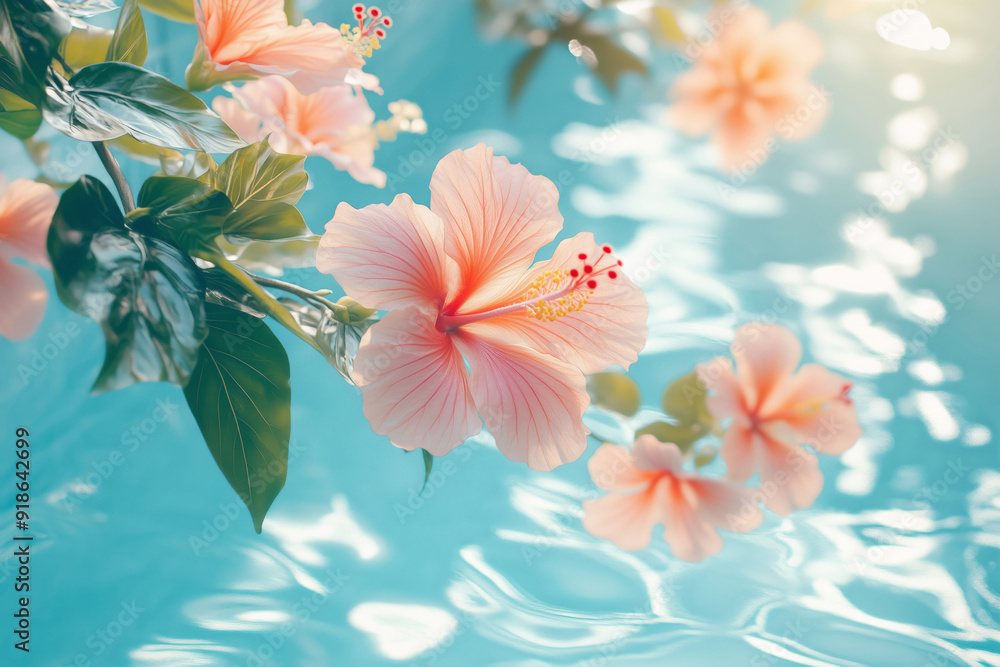 Wall mural delicate pink hibiscus flowers on the background of blue pool water