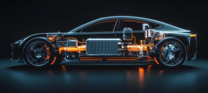A contemporary cross-section illustration of an electric car