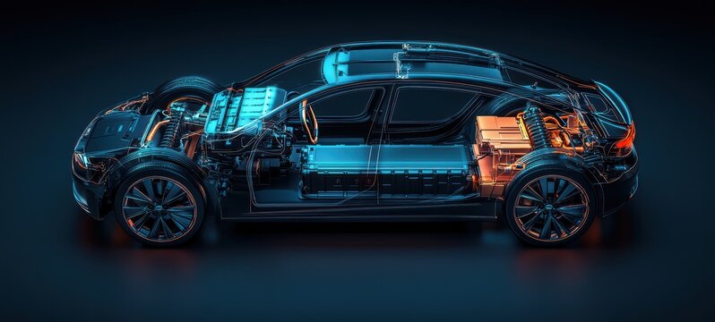 A contemporary cross-section illustration of an electric car