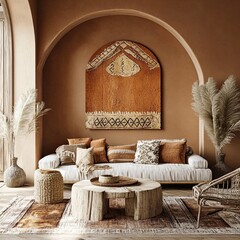 A living room with a brown wall and a brown couch