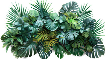 Naklejka premium Green tropical foliage bush with monstera, palm, rubber plant, pine, and fern, cut out
