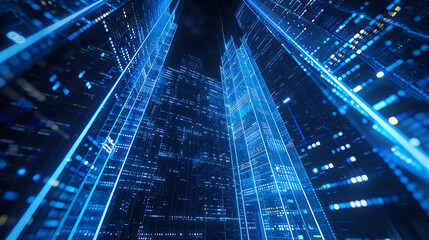 a futuristic building or data center, glowing with blue light against a dark background. The abstract, grid-like patterns suggest digital connectivity or advanced technology